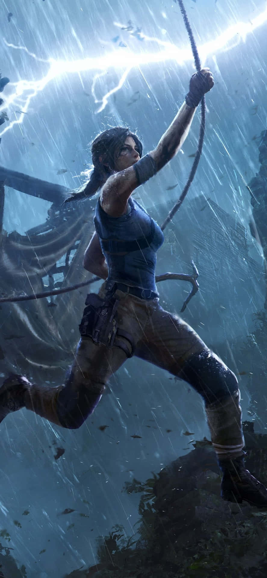 The Tomb Raider Is Running In The Rain With A Lightning Bolt Background