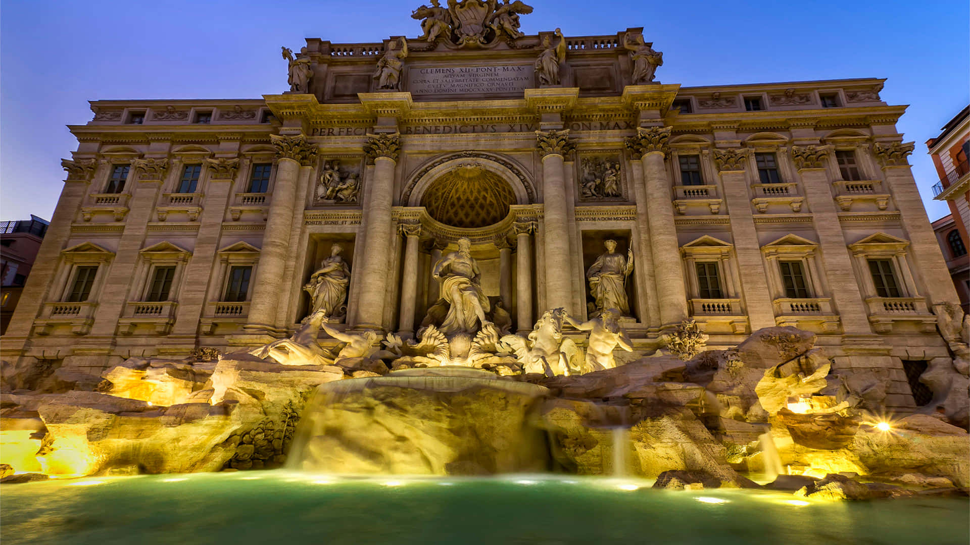 The Trevi Fountain Glistening In Golden Light Background
