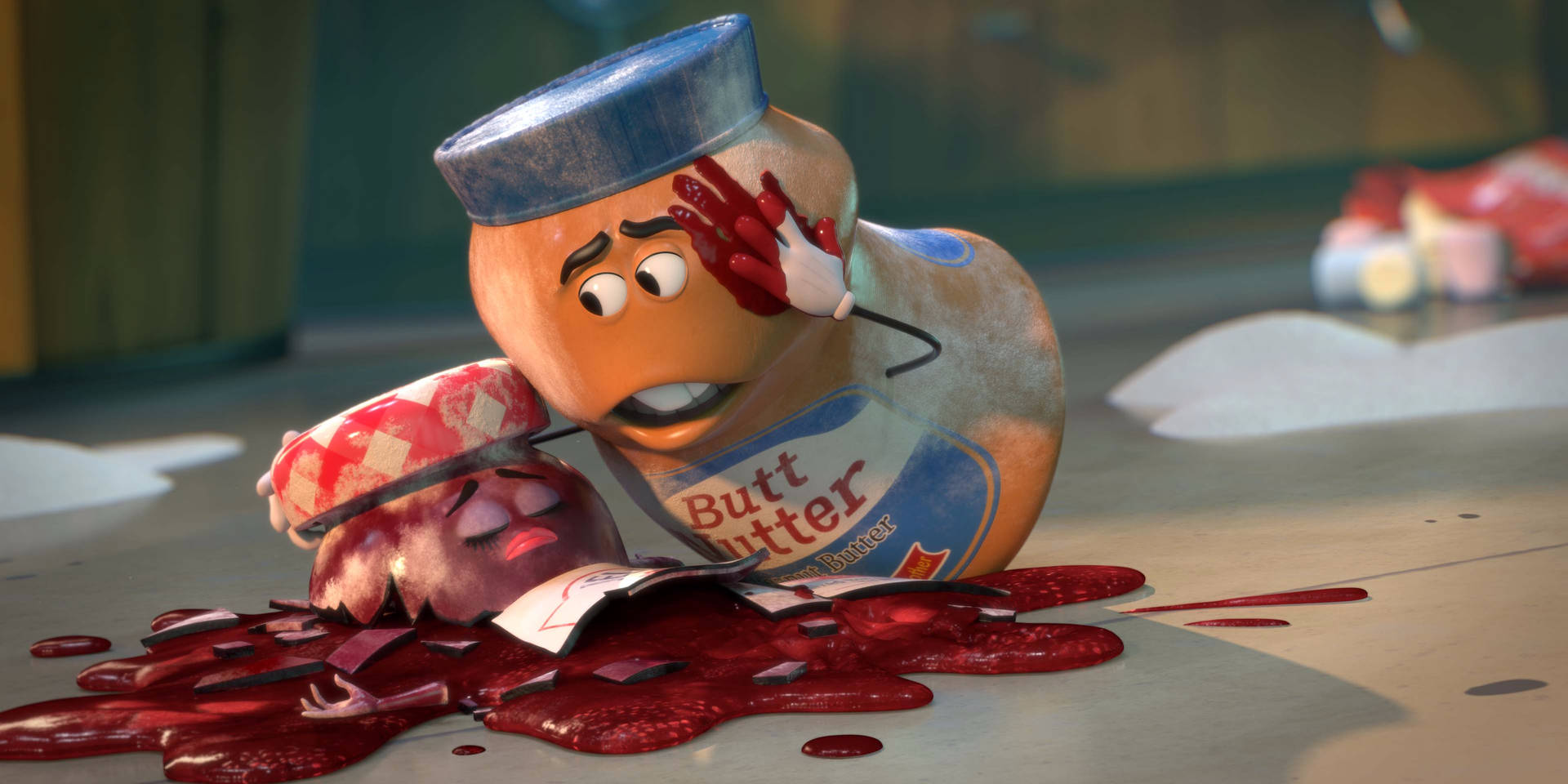 The Unforgettable Duo Of Peanut Butter And Jelly From The Animated Movie, Sausage Party.