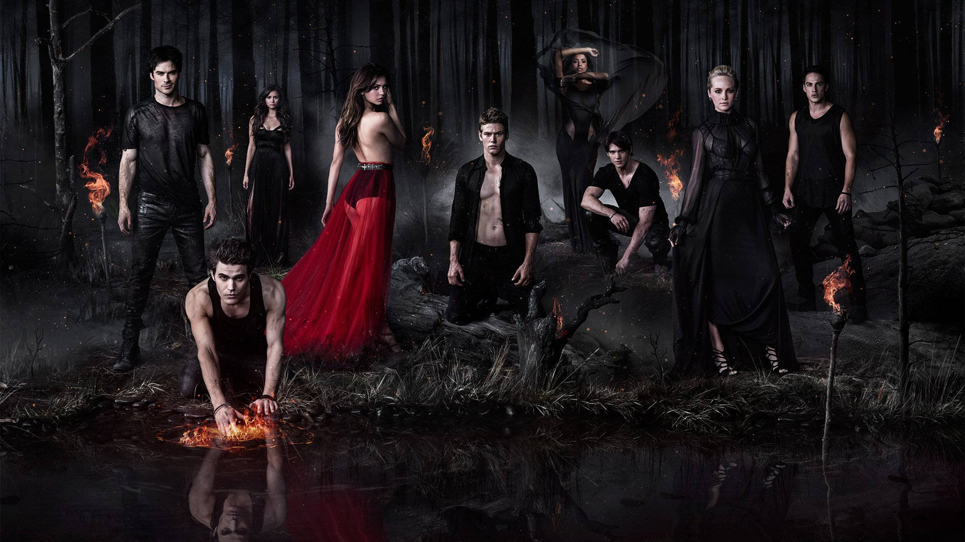 The Vampire Diaries Characters In Dark Forest Background