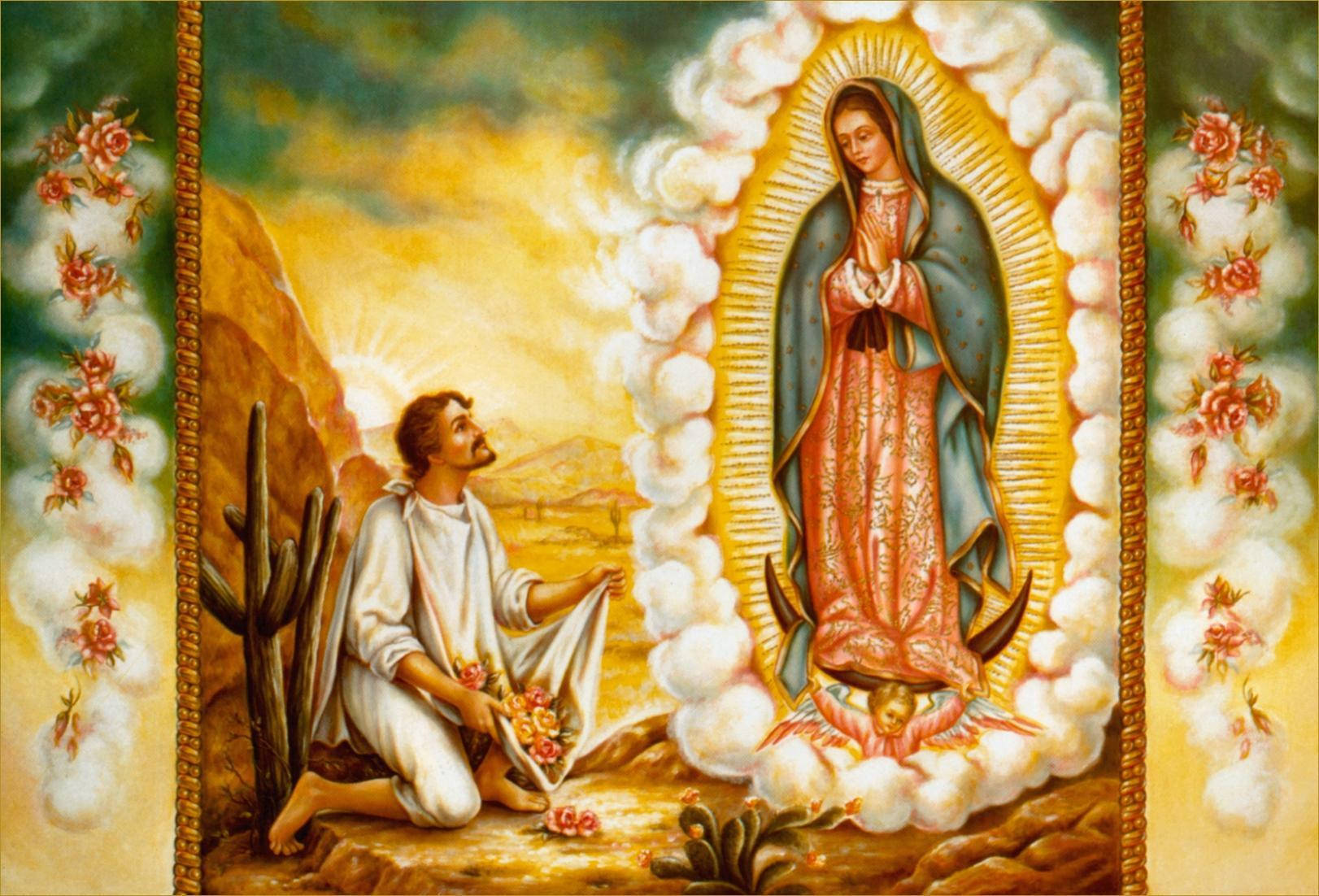 The Vibrant Image Of Virgen De Guadalupe With St. Juan Diego. Background