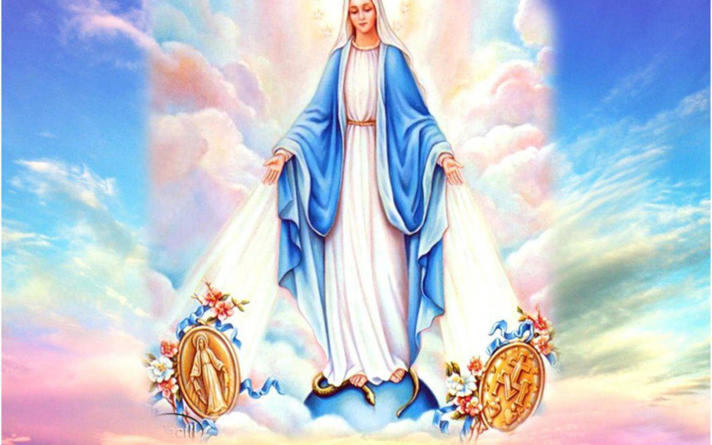 The Virgin Mary Pink And Blue Background