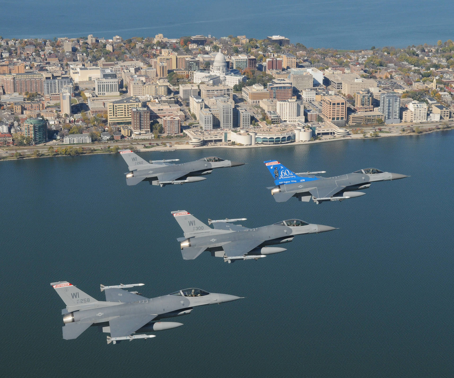 The Wisconsin Air National Guard Flying In Madison Background