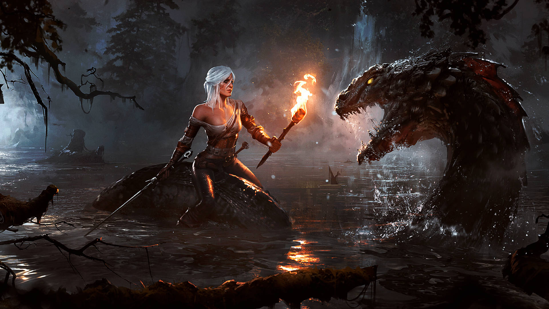 The Witcher Ciri And Sea Monster Background