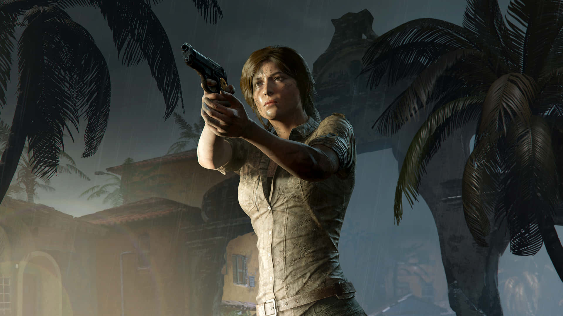 The Woman Is Holding A Gun In Front Of Palm Trees Background