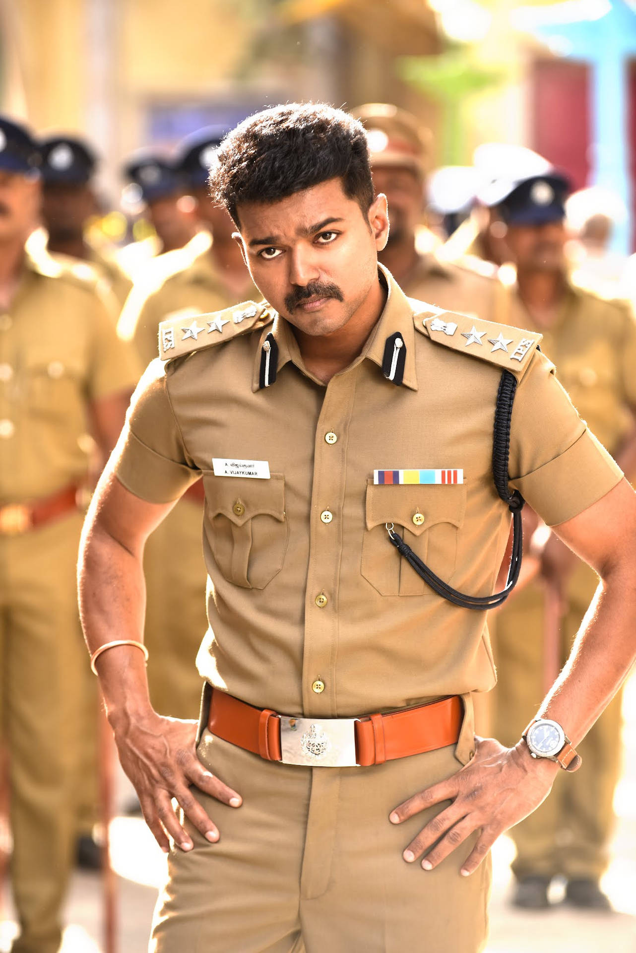 Theri Movie Vijay Hands On Hips Background