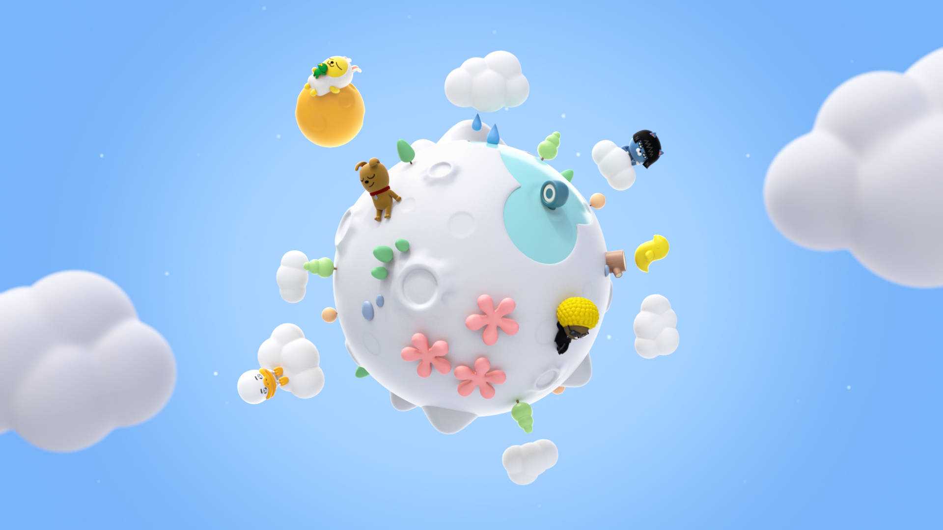 These Kakao Friends Are Enjoying A Magical Adventure In The Clouds Background