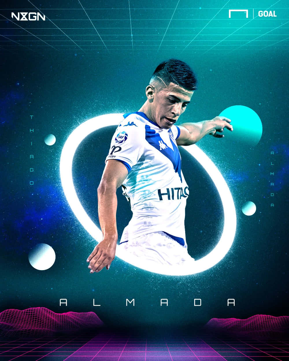 Thiago Almada Showcasing His Dynamic Football Skill In A Retro Style Poster. Background