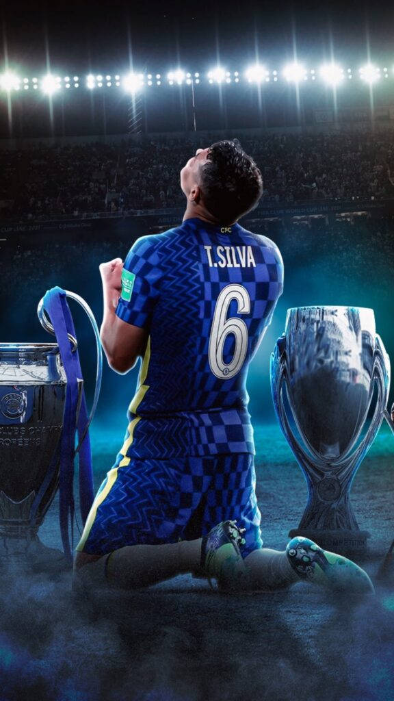 Thiago Silva Kneeling With Championship Cups Background