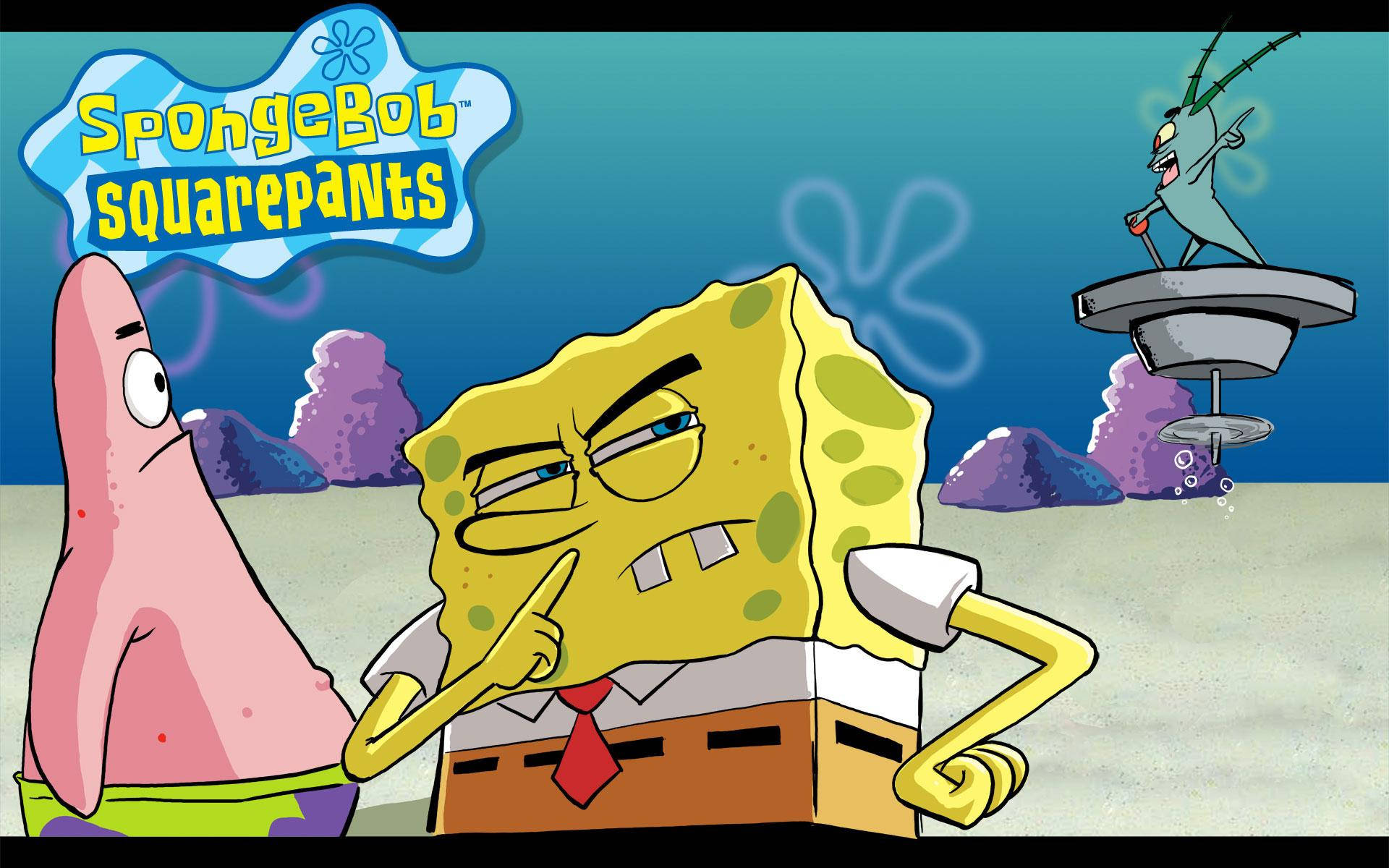 Thinking Spongebob And Patrick With Plankton Background