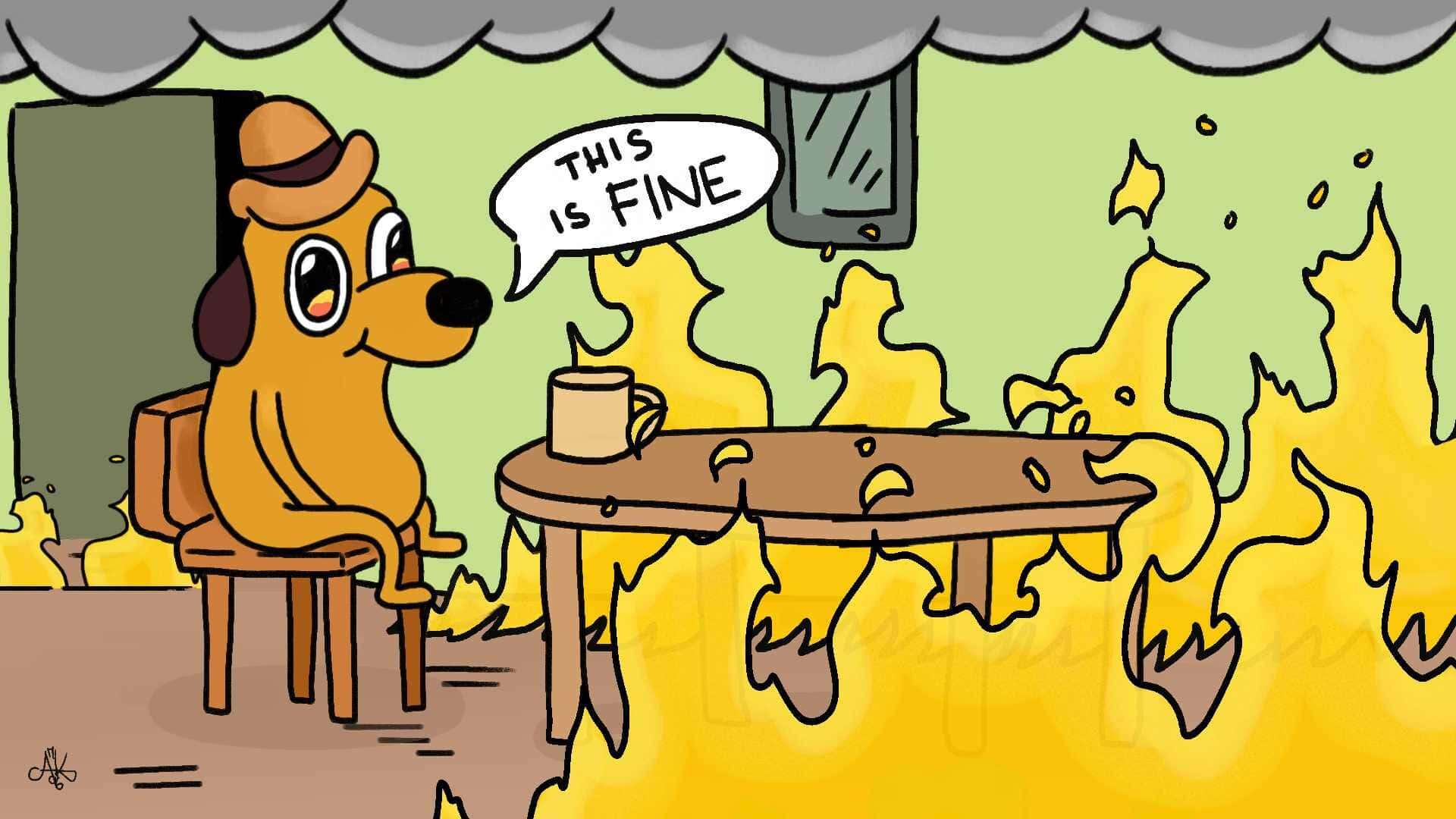 This Is Fine Meme With Burning Kitchen Background