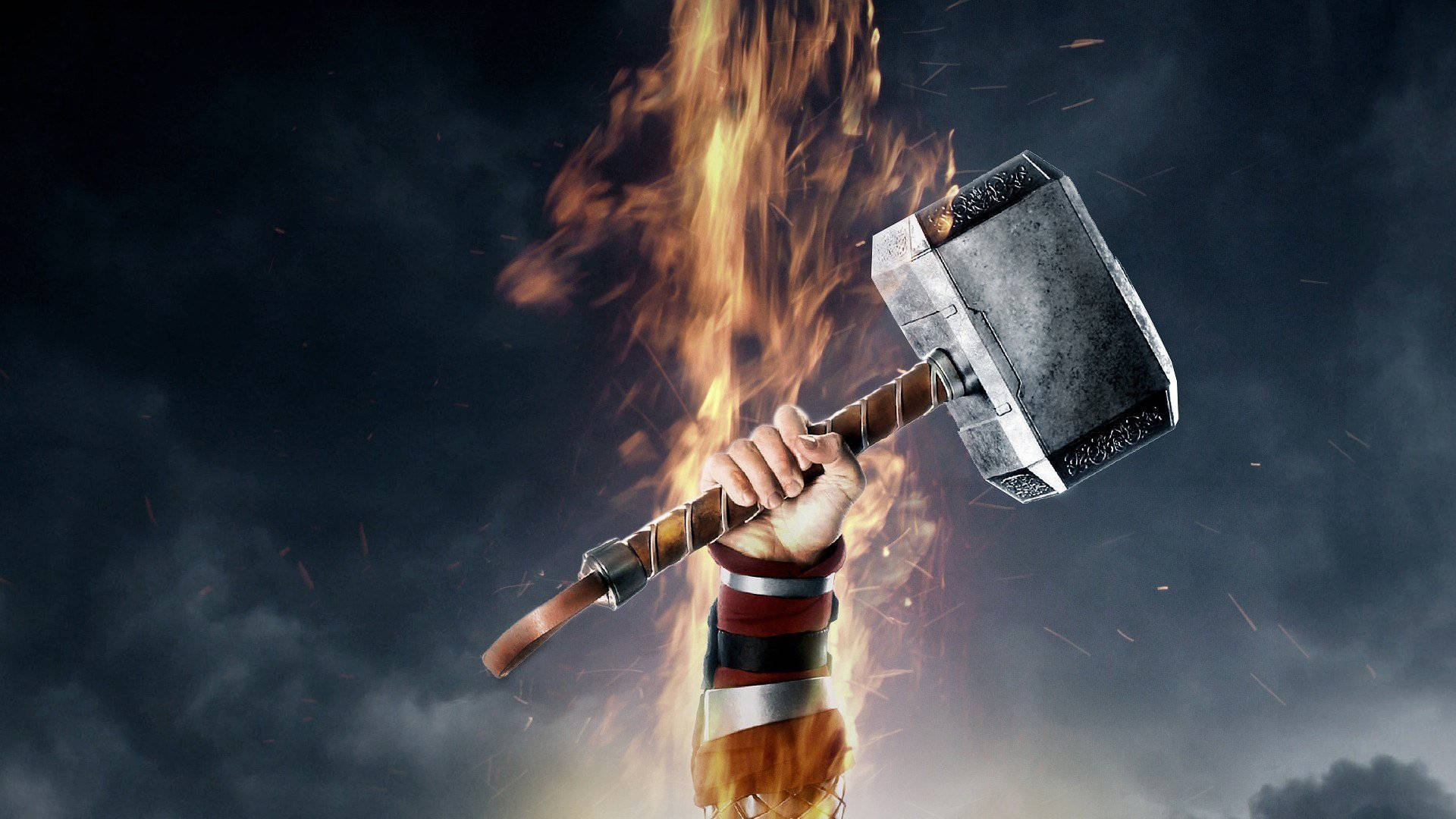 Thor Hammer Held By A Flaming Hand Background