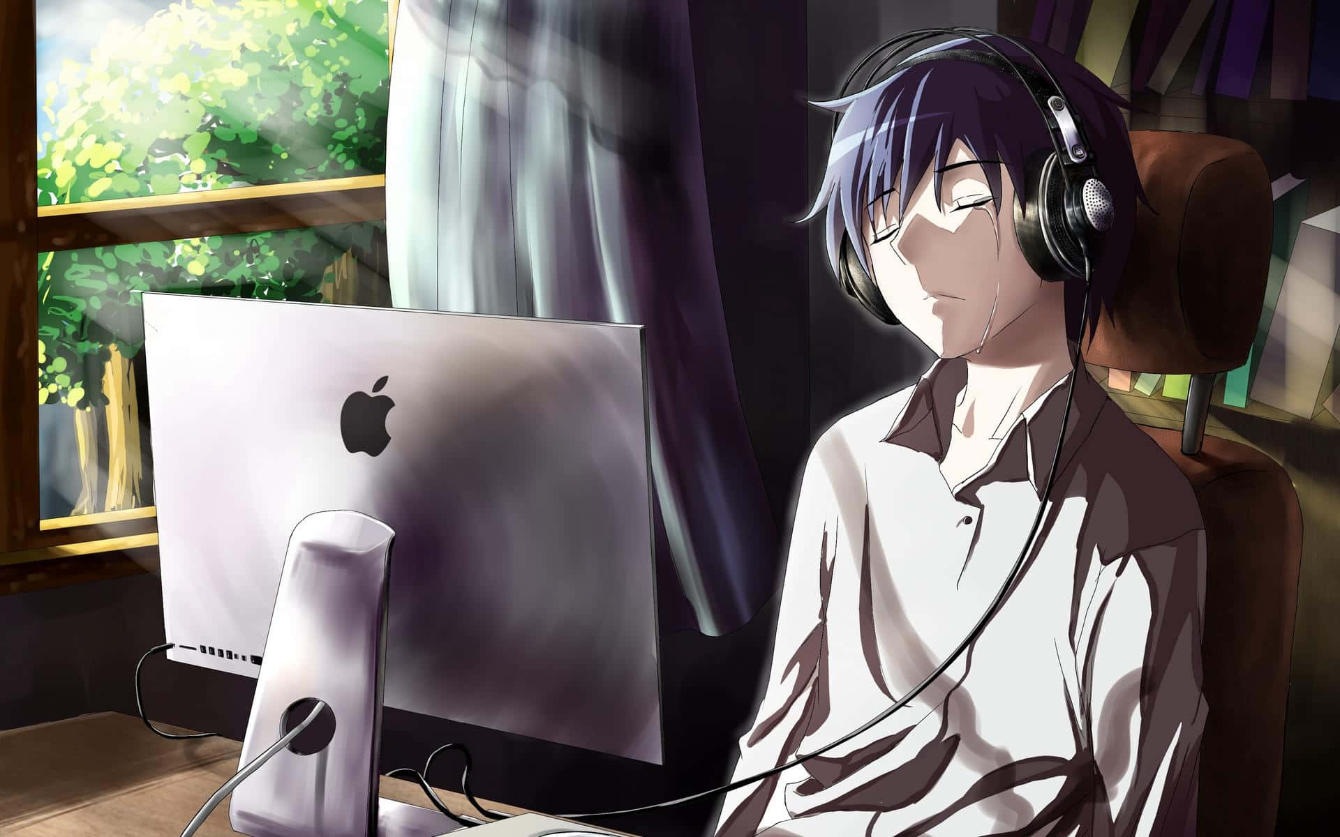 Thoughtful Anime Boy Working At His Computer Background