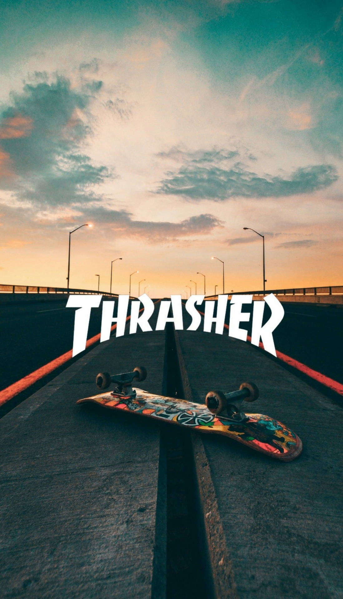 Thrasher With Flipped Skateboard Background