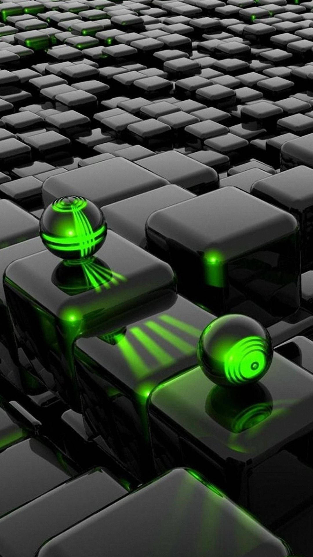 Three 3d Neon Green Balls Resting On Black Cubes Background