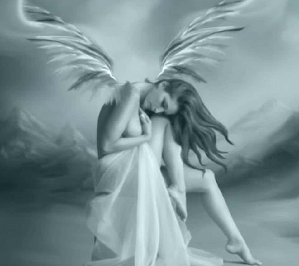 Three Adorable Angels Playing Amidst The Heavenly Clouds Background