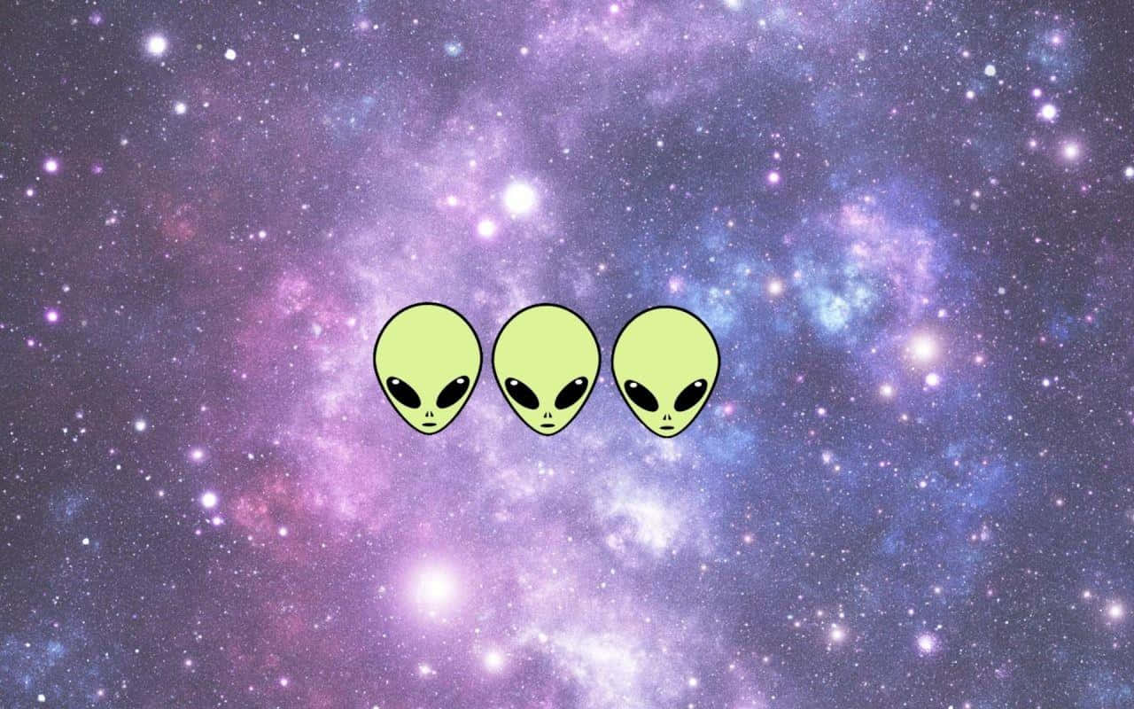 Three Aliens In Space With A Purple Background Background