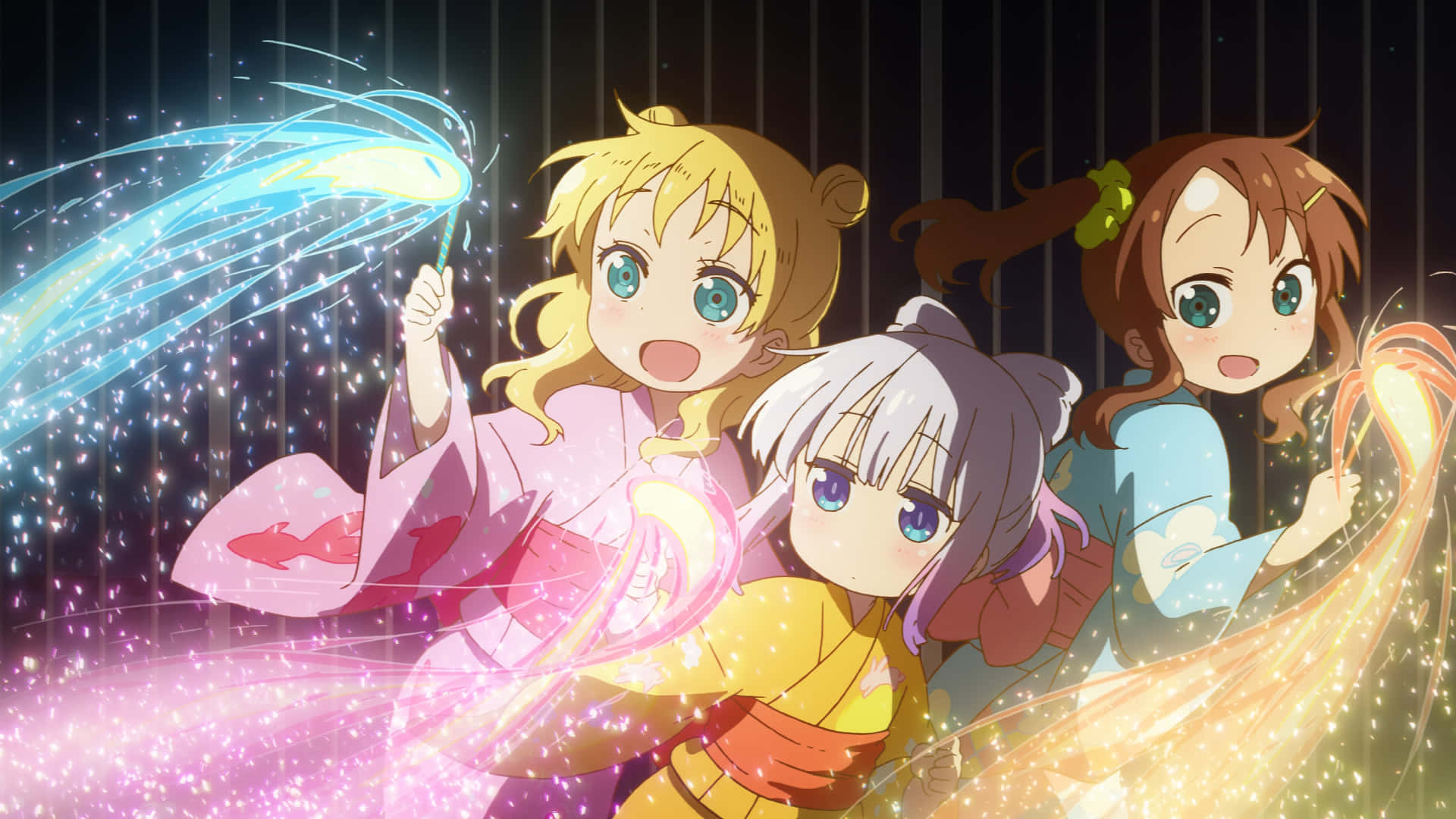 Three Anime Girls Holding Sparklers In Their Hands Background