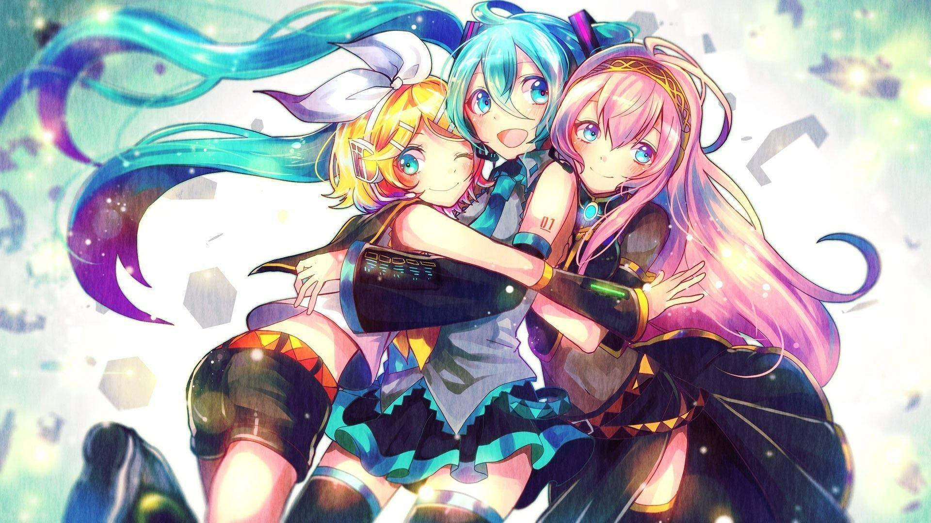 Three Anime Girls Hugging Each Other Background