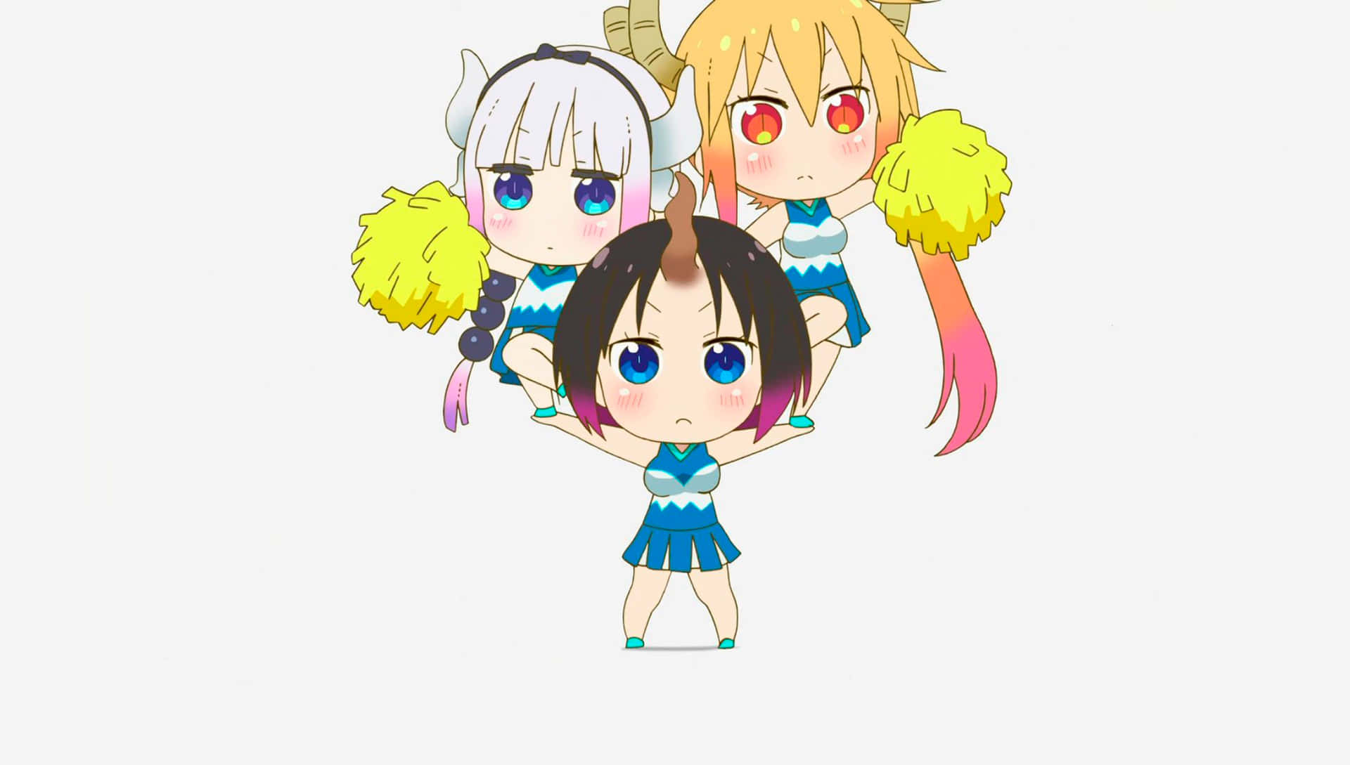 Three Anime Girls In Blue And Yellow Cheerleader Outfits Background