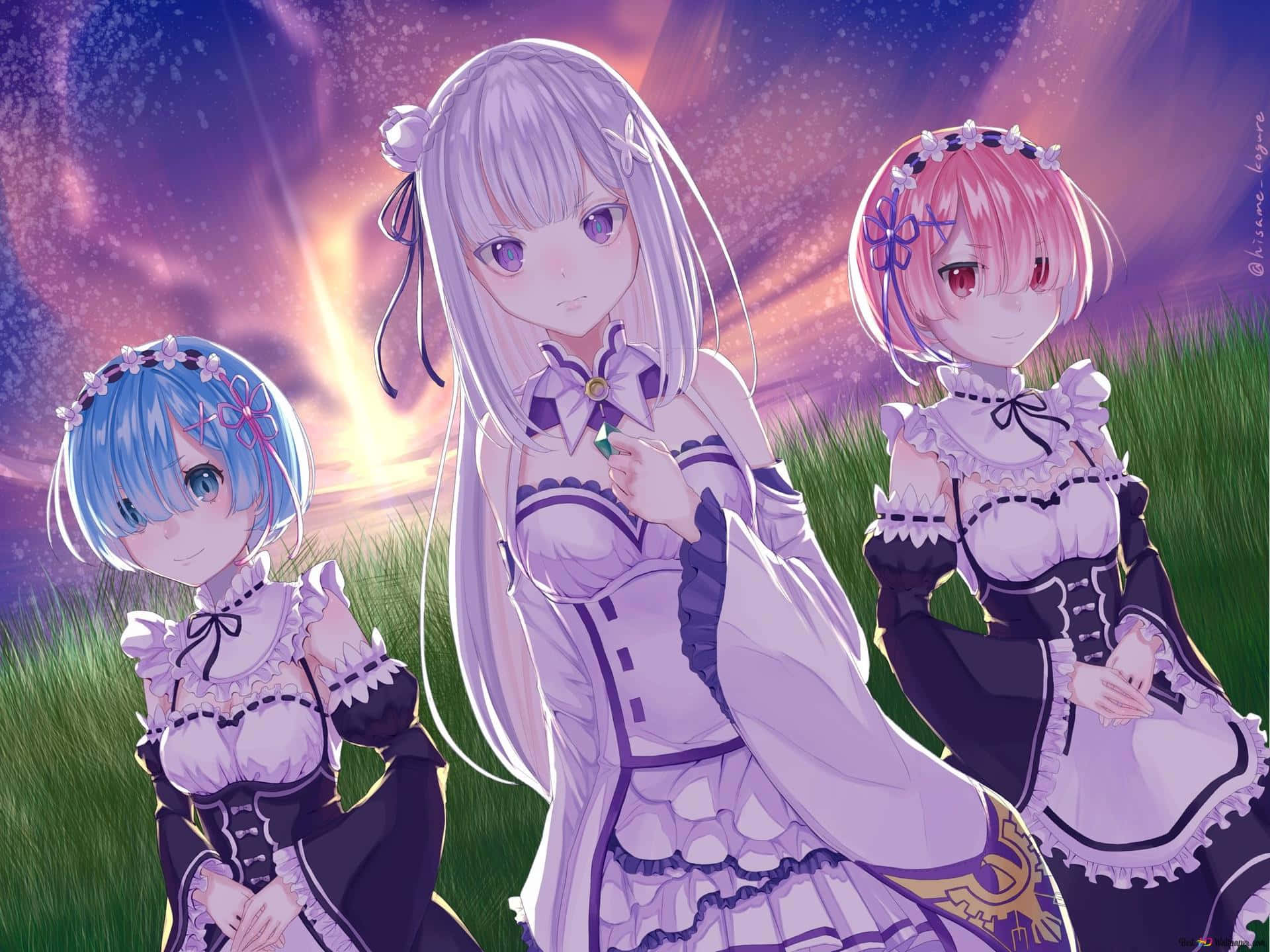 Three Anime Girls Standing In A Field With A Starry Sky Background