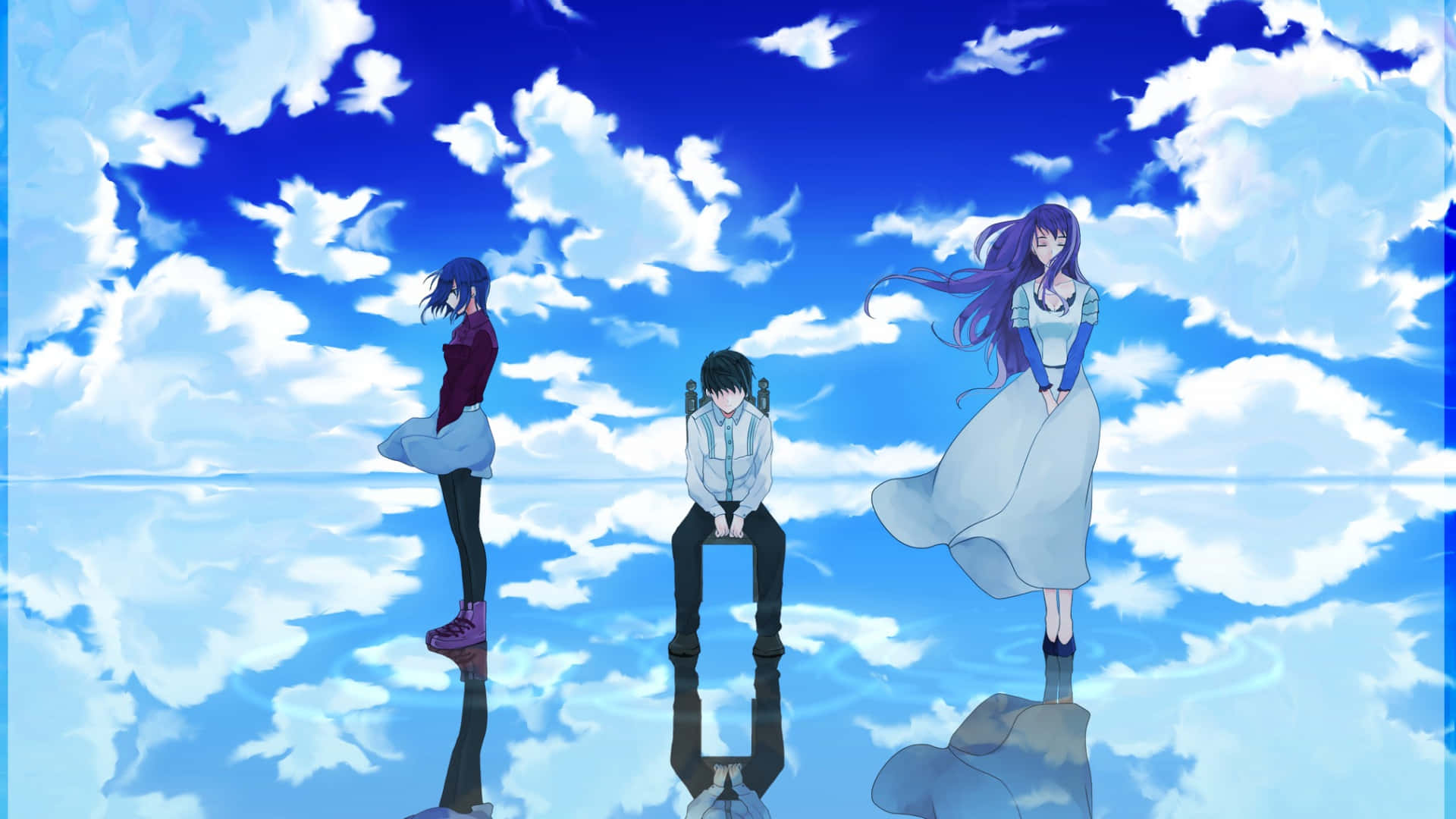 Three Anime Girls Standing In The Clouds Background