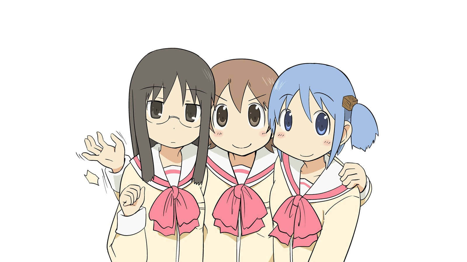 Three Anime Girls Standing Together With Their Hands Up Background