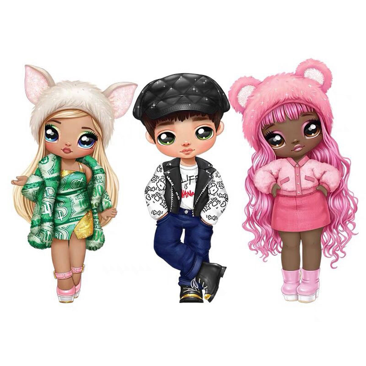 Three Cartoon Dolls With Different Outfits Background