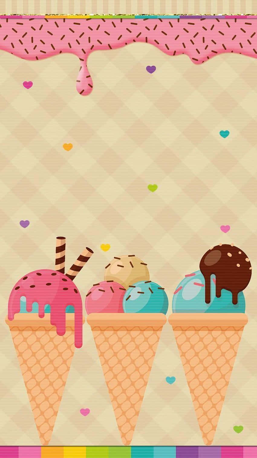 Three Colorful Cute Ice Cream Flavors Background