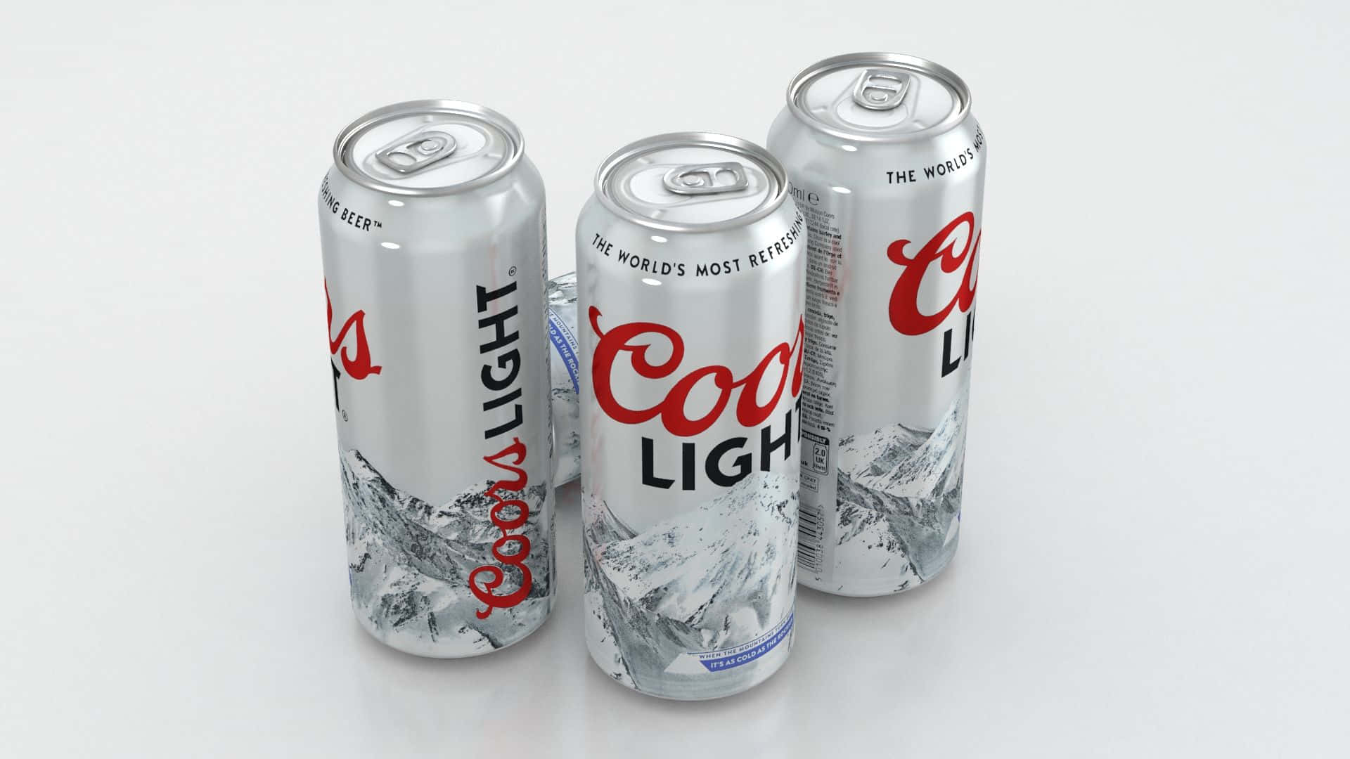 Three Coors Light Beer Cans Lain On A White Surface Background