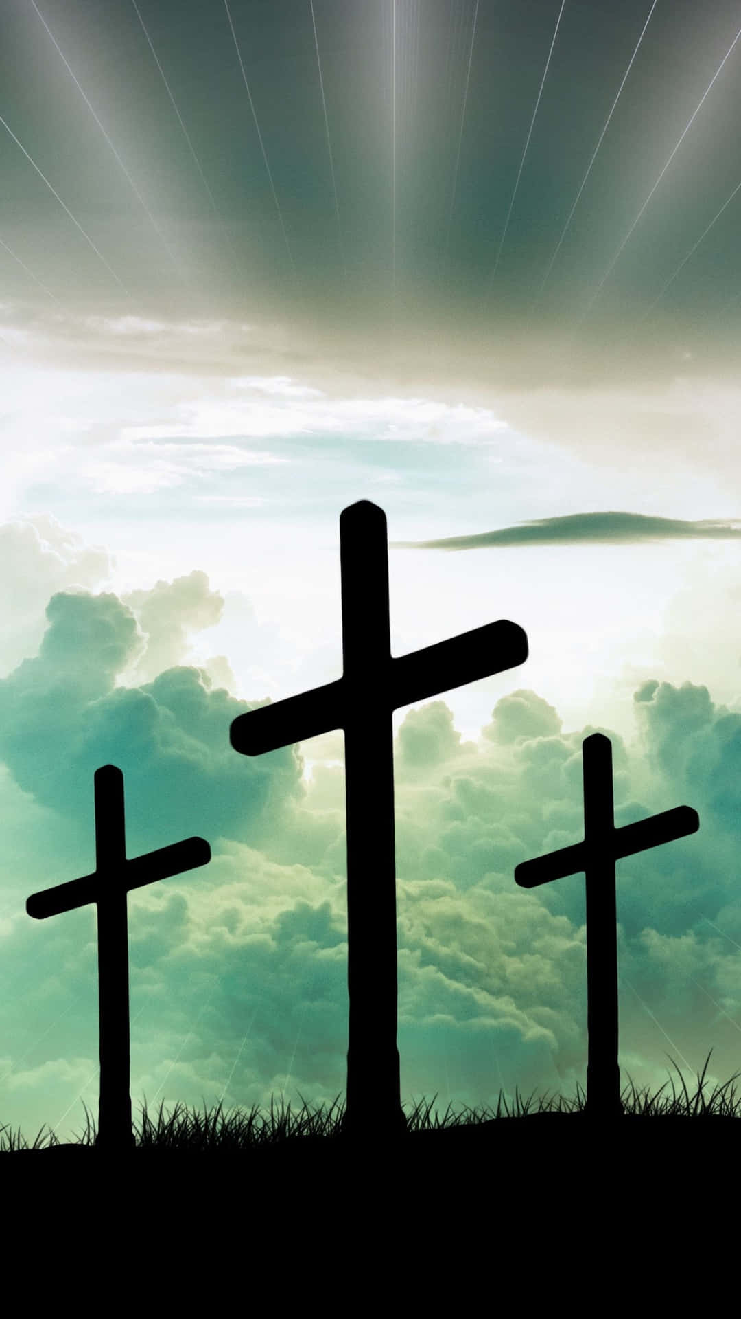 Three Crosses Are Silhouetted Against The Sky Background
