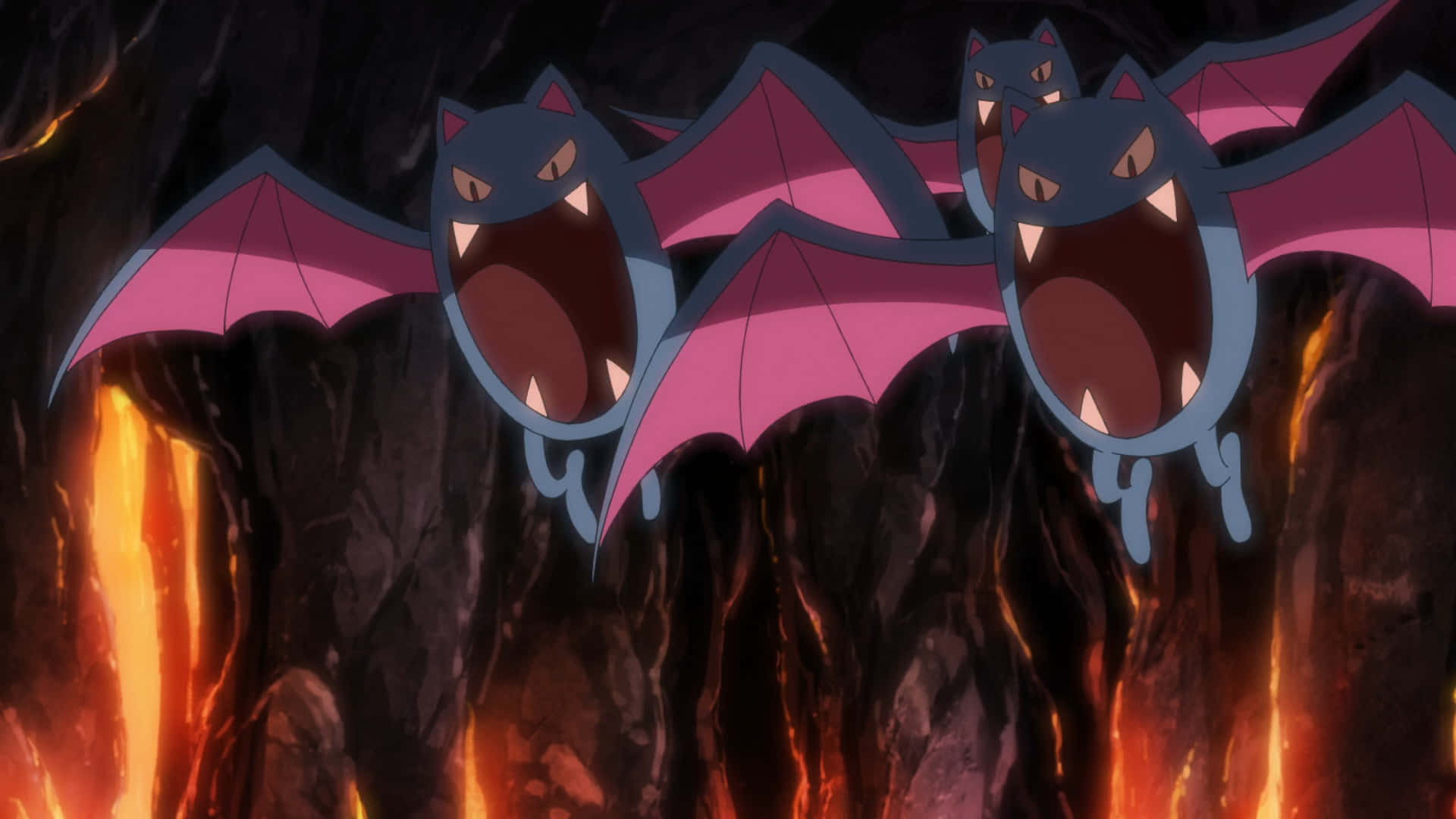 Three Flying Golbat Inside Cave Background