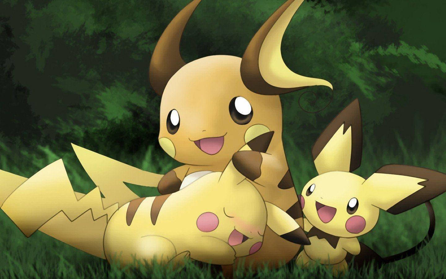 Three Generations Of Pokémon Pals, Raichu, Pichu And Pikachu, Bonding Together. Background