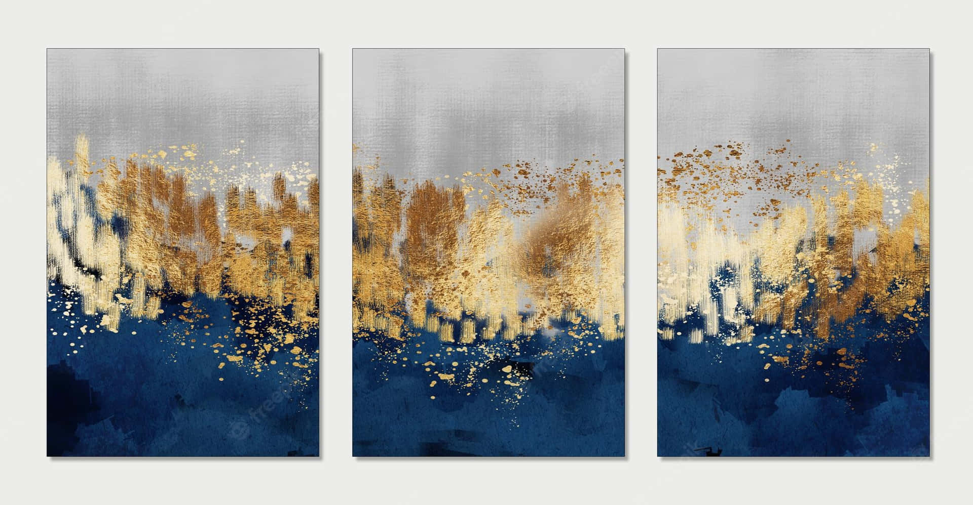Three Gold And Blue Abstract Paintings On A White Background Background