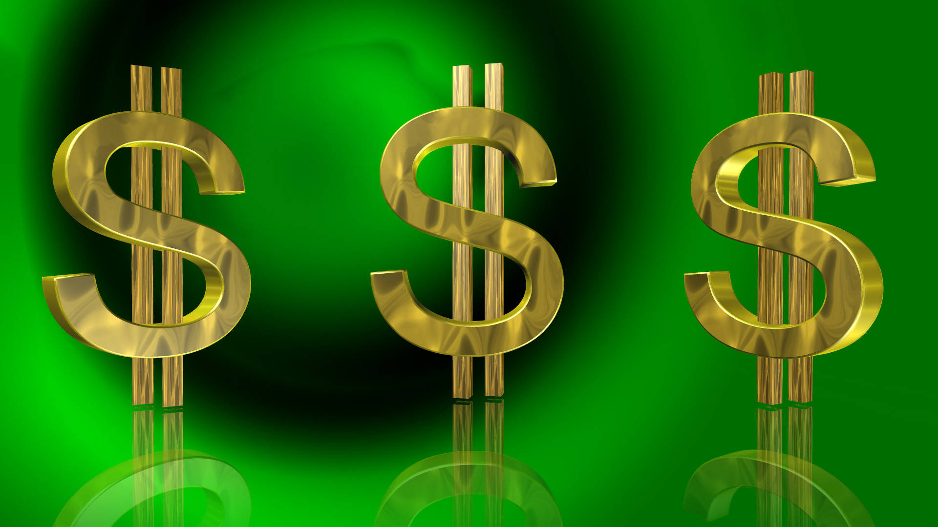 Three Golden Dollar Signs On A Green Background Background