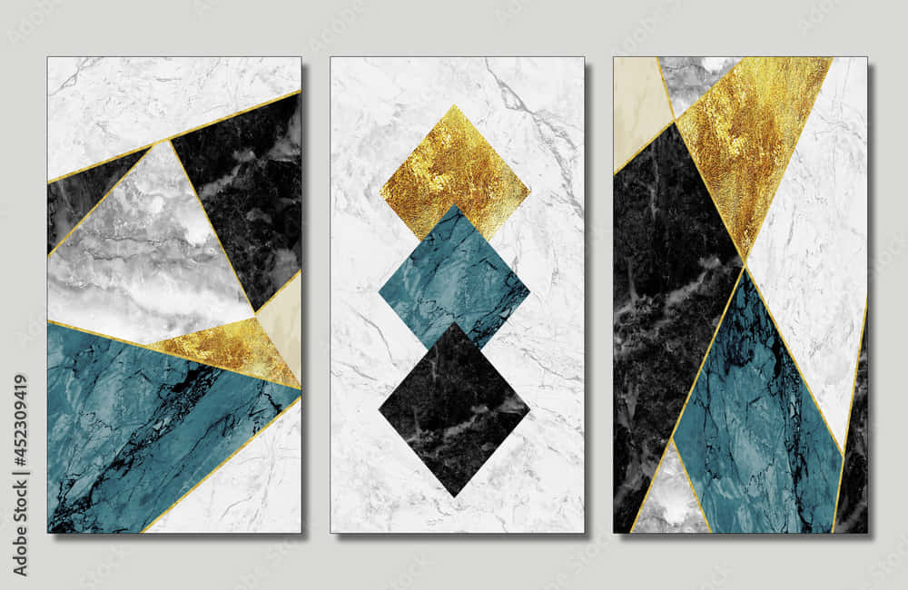 Three Marble Wall Art Panels With Gold And Black Geometric Designs Background