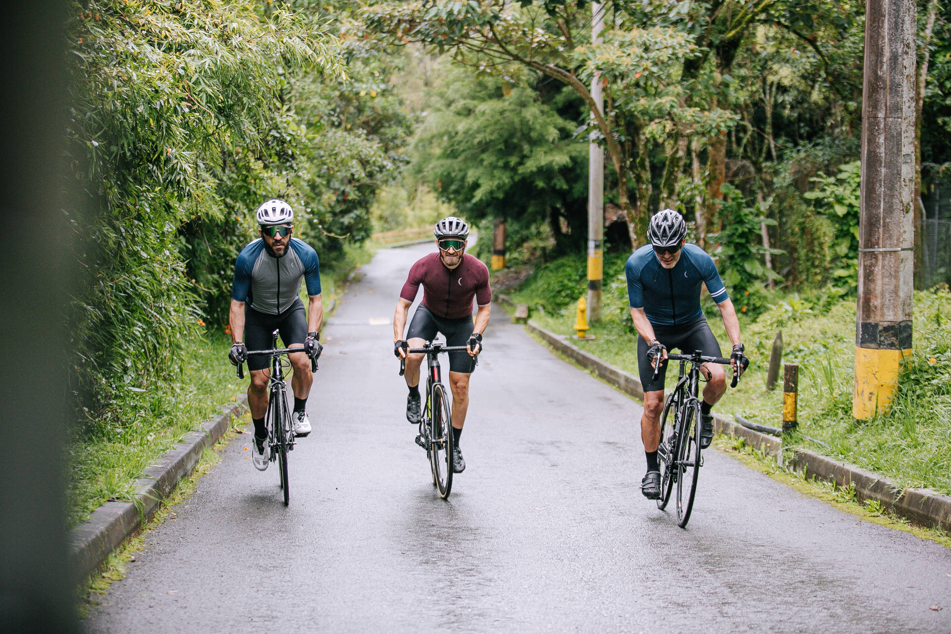 Three Men Cycling Country Road