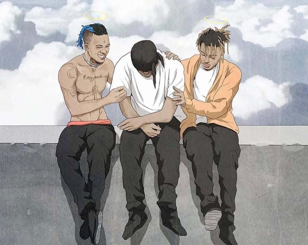 Three Men Sitting On A Ledge With Clouds Above Them Background