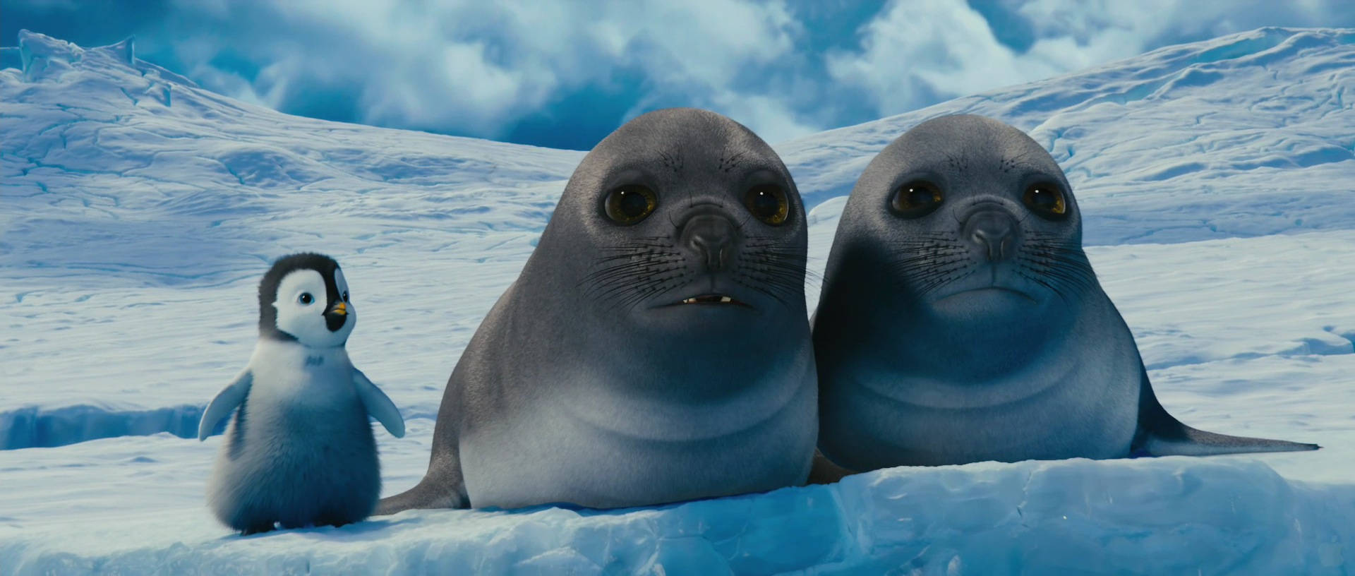 Three Penguins And A Seal In The Snow Background