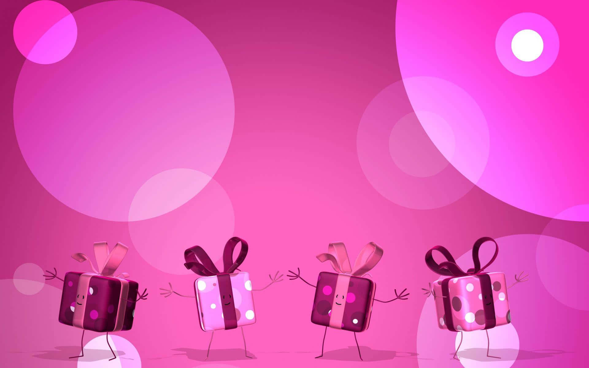 Three People Holding Presents On A Pink Background Background