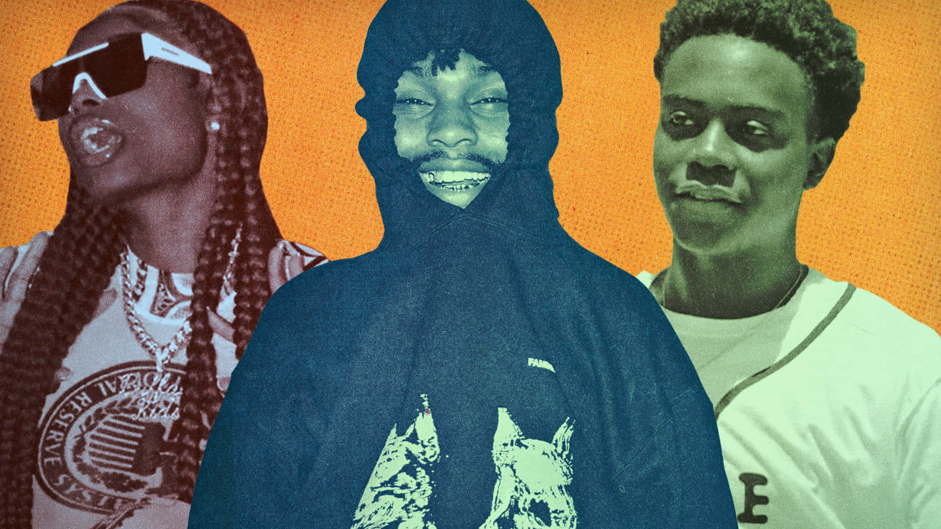 Three People With Hoodies And Sunglasses Are Standing In Front Of An Orange Background Background