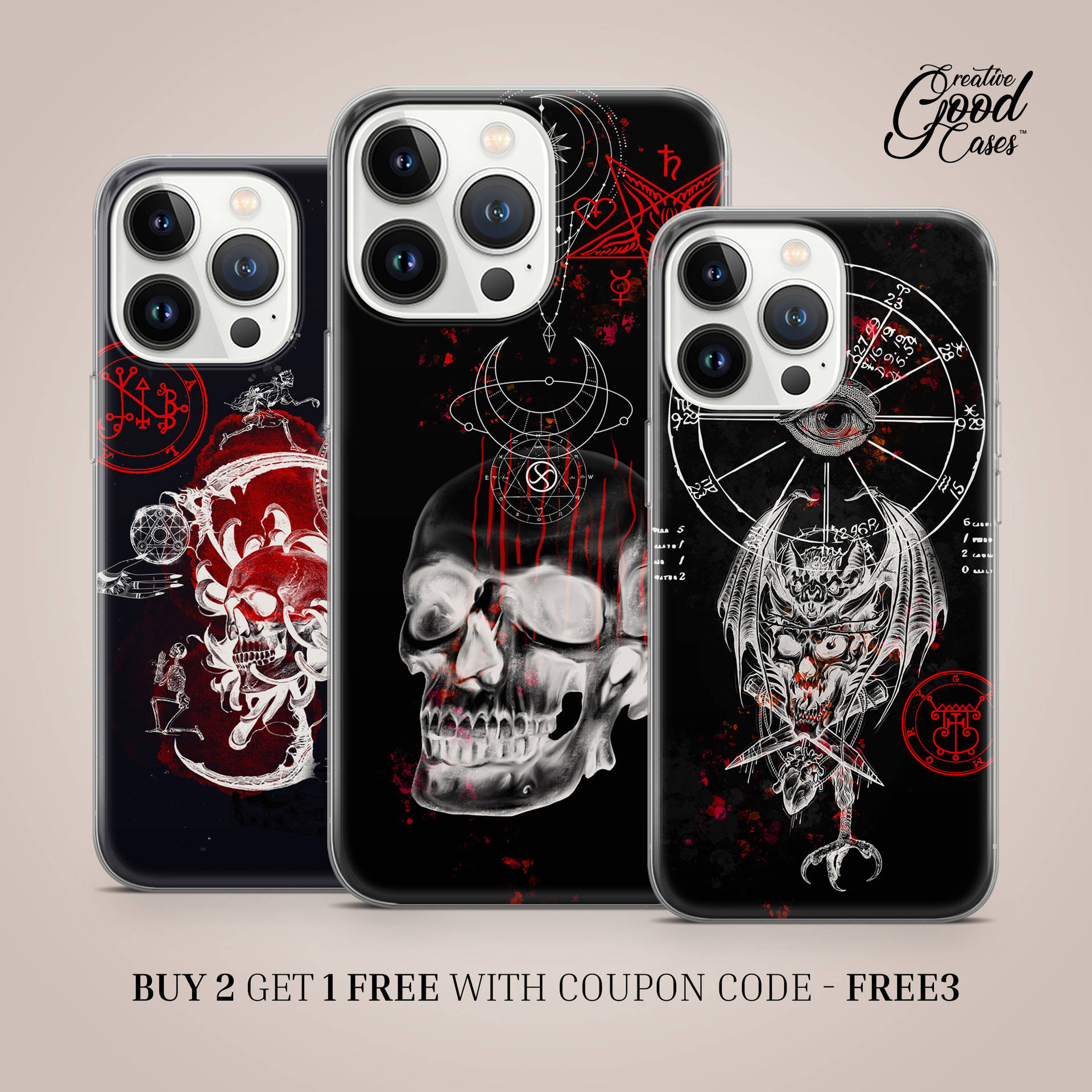 Three Phone Cases With Skulls And Devils On Them