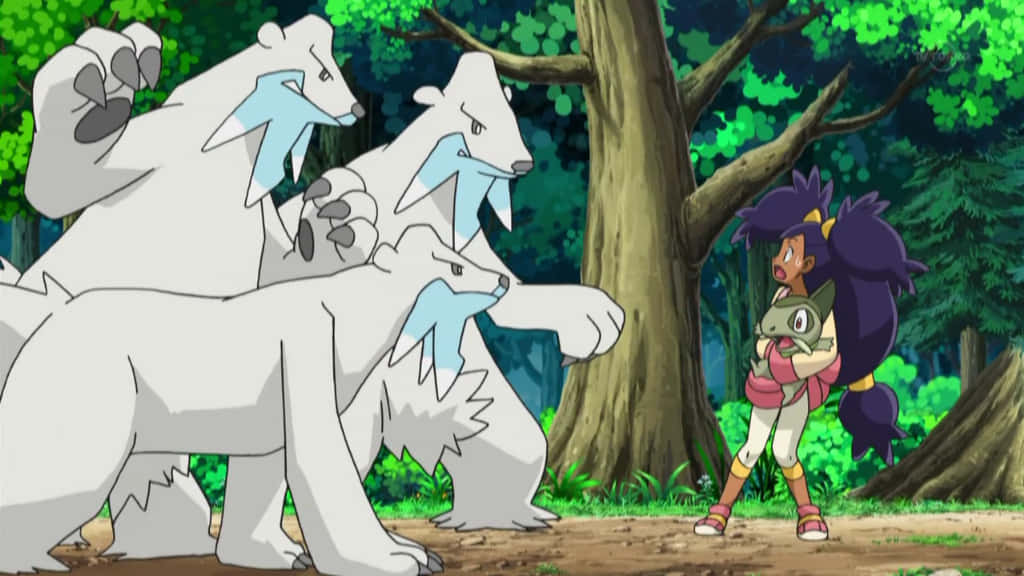 Three Pokémon Beartic With Trainer Iris Background
