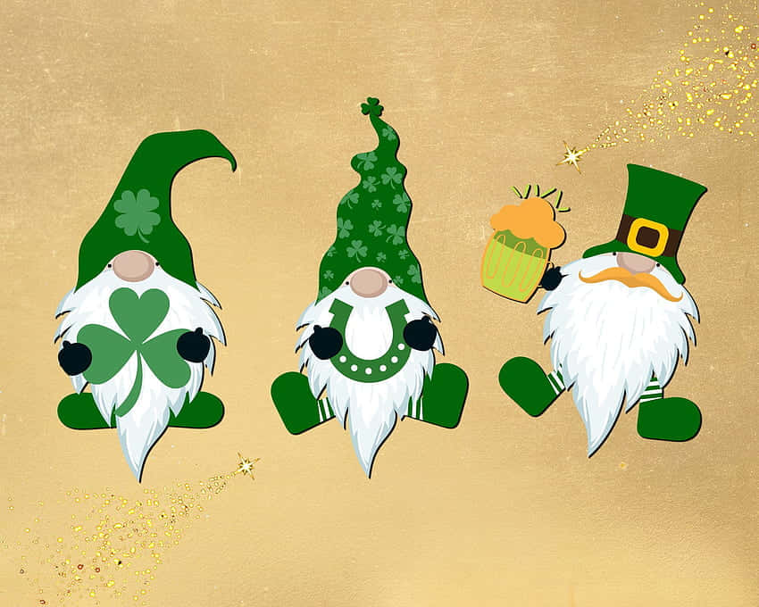 Three Shamrock Gnomes With Hats And A Shamrock Background