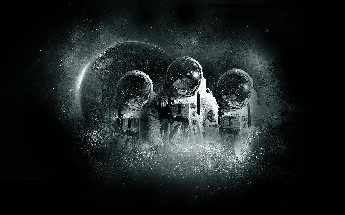 Three Spacemen In Spacesuit Captured Background