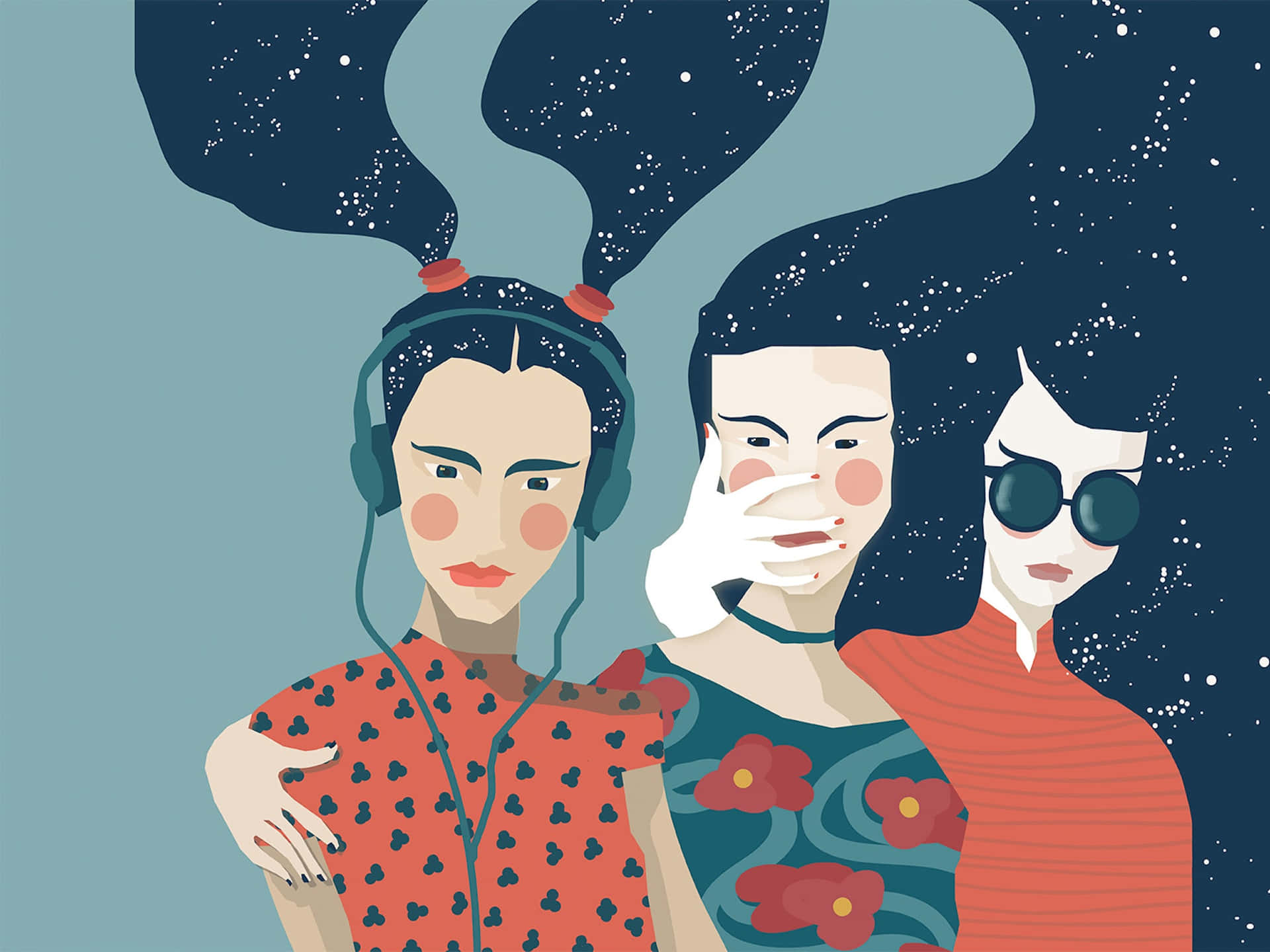 Three Women With Headphones Background