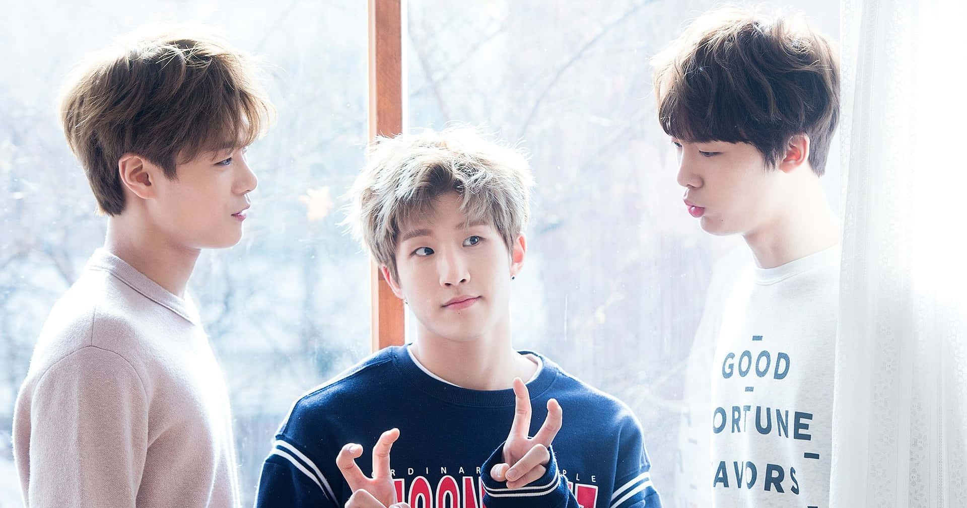 Three Young Men Window Light Peace Sign Background