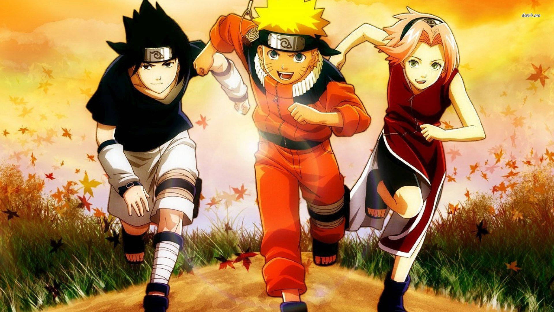 Three Youthful Ninja - Naruto, Sakura And Sasuke Running Together. Background