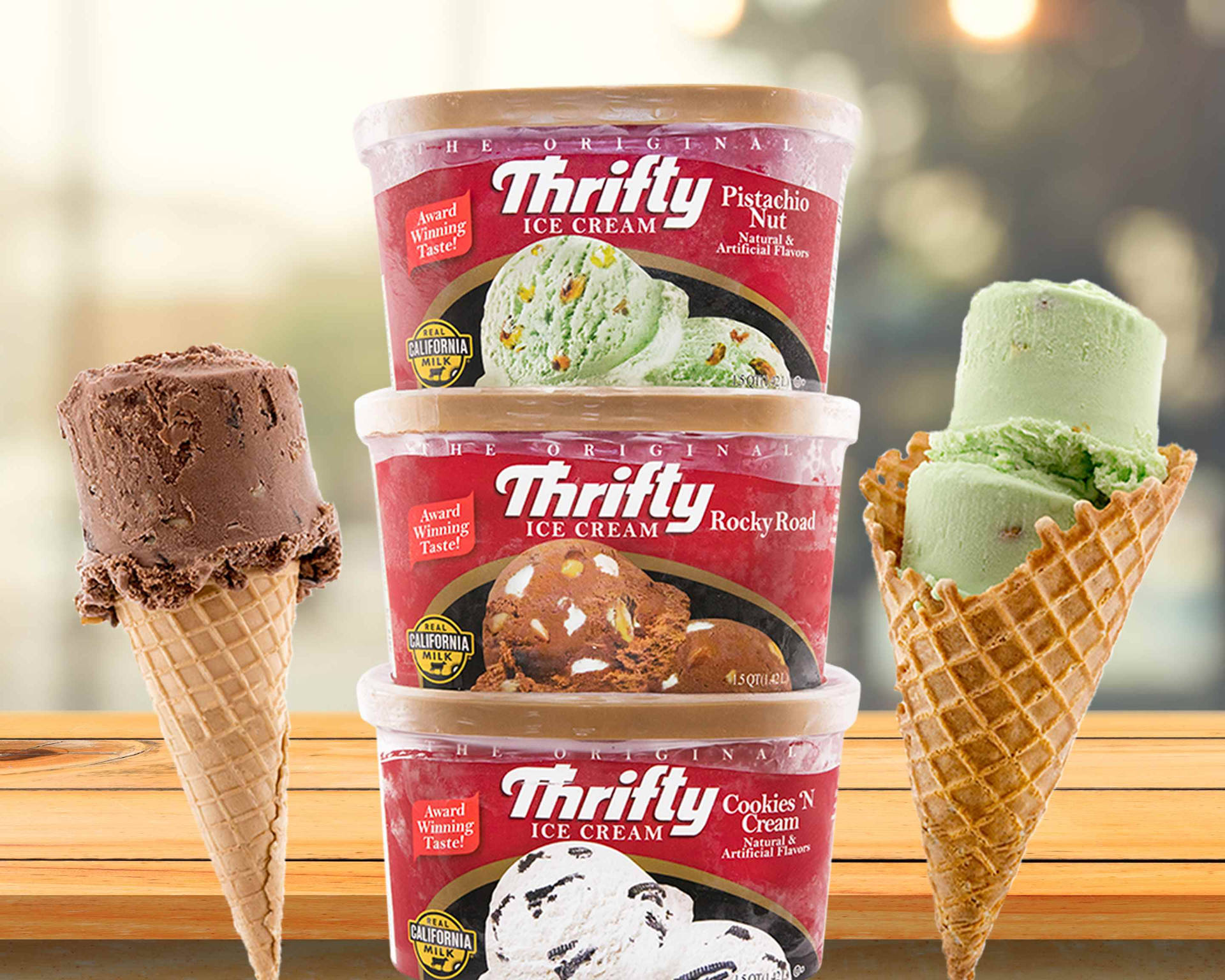 Thrifty Ice Cream Tubs And Cones Background