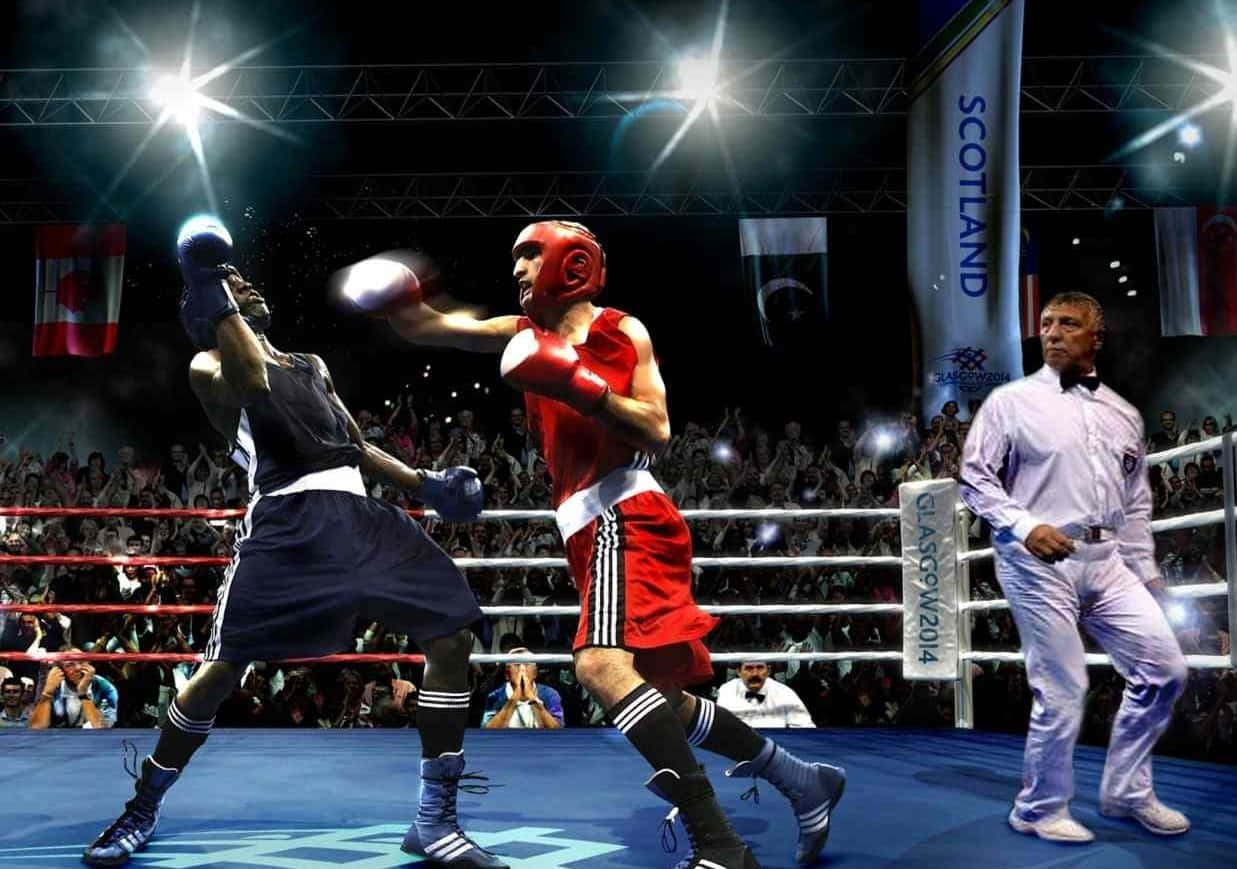 Thrilling Showdown: Amateur Boxers In The Ring Background